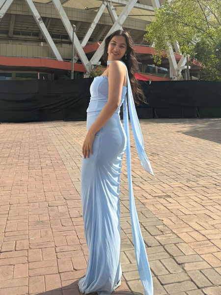 Alara Summer Set of Top And Skirt With Scarf In Sky Blue - full-length side shot on model outdoors - Miss Mosa By Akanksha