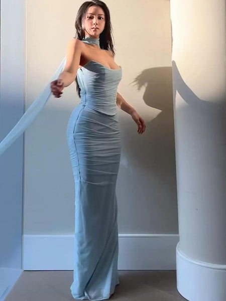 Alara Summer Set of Top And Skirt With Scarf In Sky Blue - full-length side shot on model by pillar - Miss Mosa By Akanksha