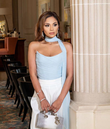 Alara Summer Set of Top And Skirt With Scarf In Sky Blue - front shot on model by pillar - Miss Mosa By Akanksha