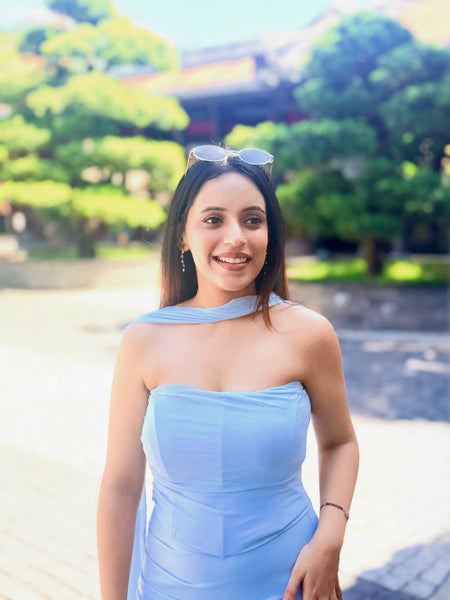 Alara Summer Set of Top And Skirt With Scarf In Sky Blue - front shot on model outdoors - Miss Mosa By Akanksha