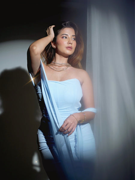 Alara Summer Set of Top And Skirt With Scarf In Sky Blue - front shot on model by window - Miss Mosa By Akanksha
