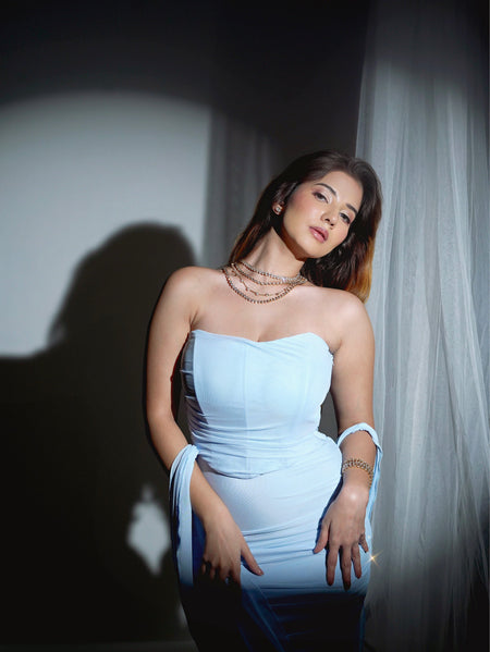 Alara Summer Set of Top And Skirt With Scarf In Sky Blue - front shot on model by window - Miss Mosa By Akanksha