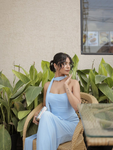 Alara Summer Set of Top And Skirt With Scarf In Sky Blue - front shot on model seated outdoors - Miss Mosa By Akanksha