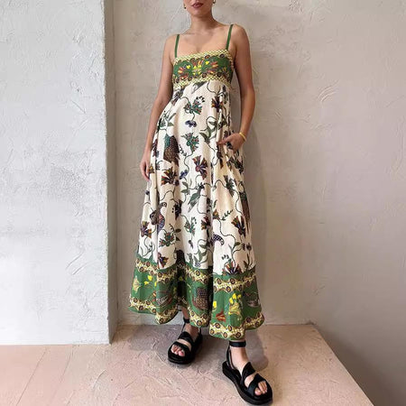 Alaric Printed Holiday Dress In Green - full-length shot on model - Miss Mosa By Akanksha
