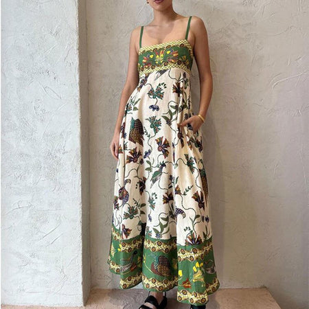 Alaric Printed Holiday Dress In Green - side shot on model - Miss Mosa By Akanksha