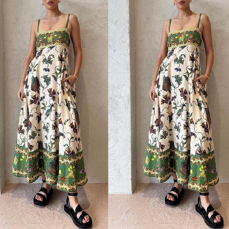 Alaric Printed Holiday Dress In Green - front and side shot on model - Miss Mosa By Akanksha