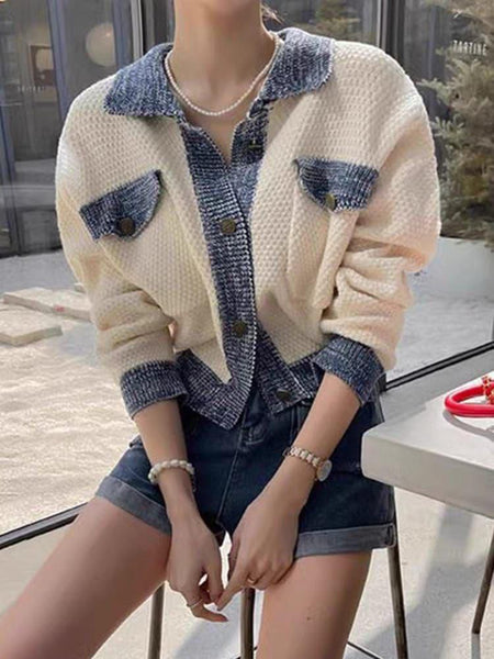 Alaric Soft Knit Cardigan - front shot on model seated, cream and blue - Miss Mosa By Akanksha