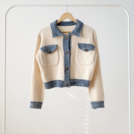 Alaric Soft Knit Cardigan - front product shot on hanger, cream and blue - Miss Mosa By Akanksha