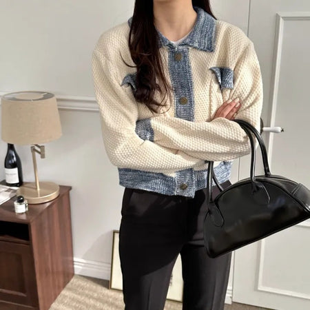 Alaric Soft Knit Cardigan - front shot on model, cream and blue - Miss Mosa By Akanksha