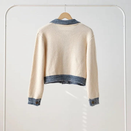 Alaric Soft Knit Cardigan - back product shot on hanger, cream and blue - Miss Mosa By Akanksha