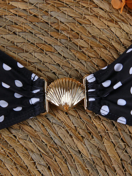 Alba 2 pcs Polka Swimsuit With Skirt - fabric detail shot, black and white polka dot with gold shell clasp - Miss Mosa By Akanksha