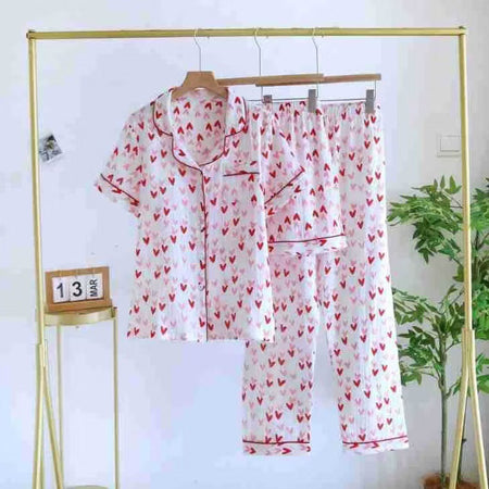Alba Heart Cotton Nightsuit Set Of 3 In Red - hanging product shot of three-piece nightsuit set - Miss Mosa By Akanksha