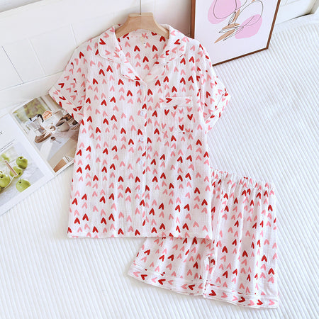 Alba Heart Cotton Nightsuit Set Of 3 In Red - flat-lay product shot of shirt and shorts - Miss Mosa By Akanksha