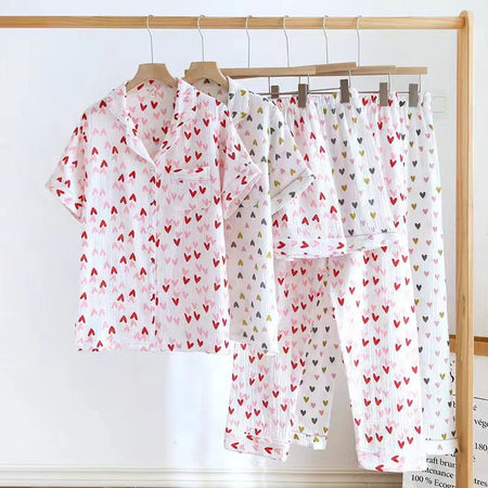 Alba Heart Cotton Nightsuit Set Of 3 In Red - hanging product shot of nightsuit set with colour options - Miss Mosa By Akanksha