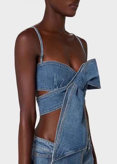 Albin Denim Crop Top In Blue - side shot on model - Miss Mosa By Akanksha