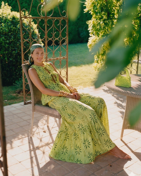 Albina Printed Coord Set - seated shot, lime green print - Miss Mosa By Akanksha