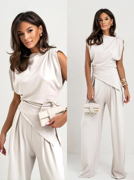 Aldina Summer Two Piece Set In Off White - split front shot on model - Miss Mosa By Akanksha