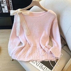Alessandra Bow Lace Sweater - flat-lay shot, pink - Miss Mosa By Akanksha