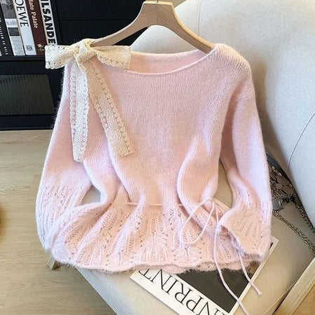 Alessandra Bow Lace Sweater - flat-lay shot, pink - Miss Mosa By Akanksha