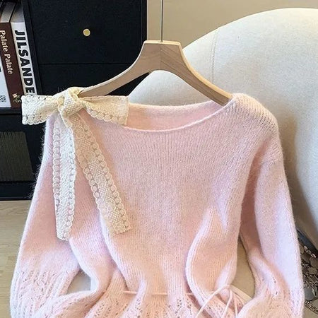 Alessandra Bow Lace Sweater - flat-lay neckline shot, pink - Miss Mosa By Akanksha