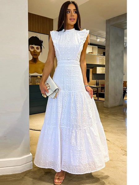 Alessia Eyelet Summer Dress - full-length front shot on model, white - Miss Mosa By Akanksha