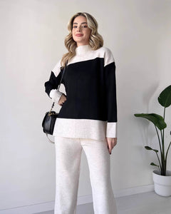 Alessia Luxe Winter Coord Set - full-length shot on model, black and off-white - Miss Mosa By Akanksha