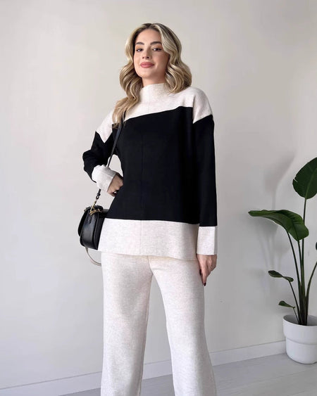 Alessia Luxe Winter Coord Set - full-length shot on model, black and off-white - Miss Mosa By Akanksha