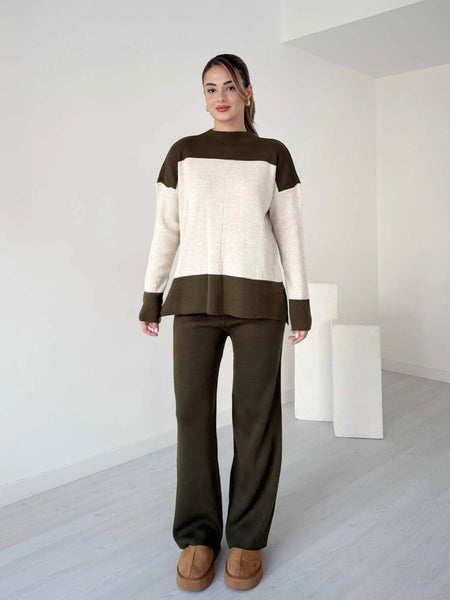 Alessia Luxe Winter Coord Set - full-length shot on model, olive green and off-white - Miss Mosa By Akanksha