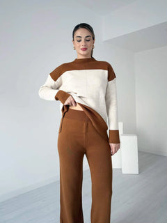 Alessia Luxe Winter Coord Set - front shot on model, brown and off-white - Miss Mosa By Akanksha