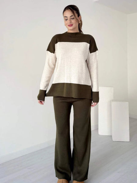 Alessia Luxe Winter Coord Set - full-length shot on model, olive green and off-white - Miss Mosa By Akanksha