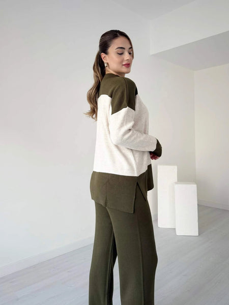 Alessia Luxe Winter Coord Set - back shot on model, olive green and off-white - Miss Mosa By Akanksha