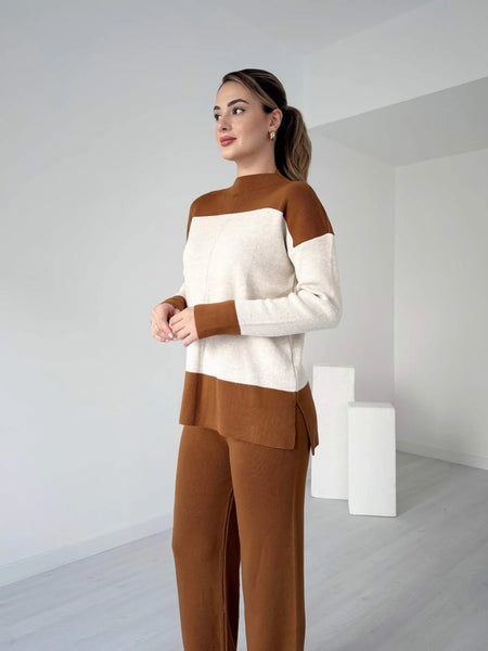 Alessia Luxe Winter Coord Set - side shot on model, brown and off-white - Miss Mosa By Akanksha