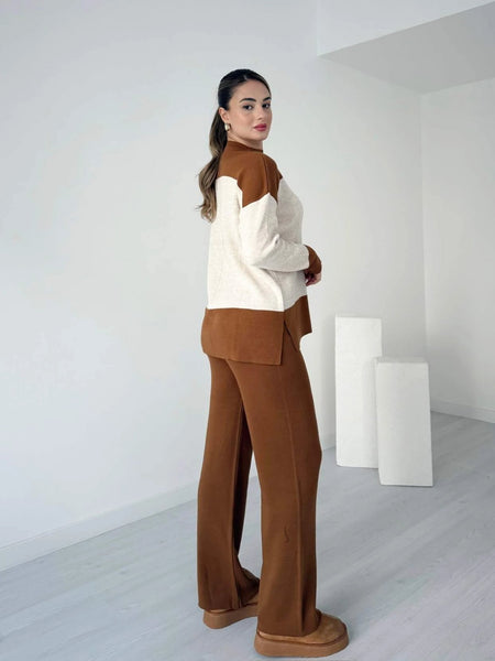 Alessia Luxe Winter Coord Set - back shot on model, brown and off-white - Miss Mosa By Akanksha