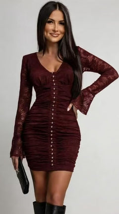 Alessio Mini Lace Dress - front shot, wine red - Miss Mosa By Akanksha