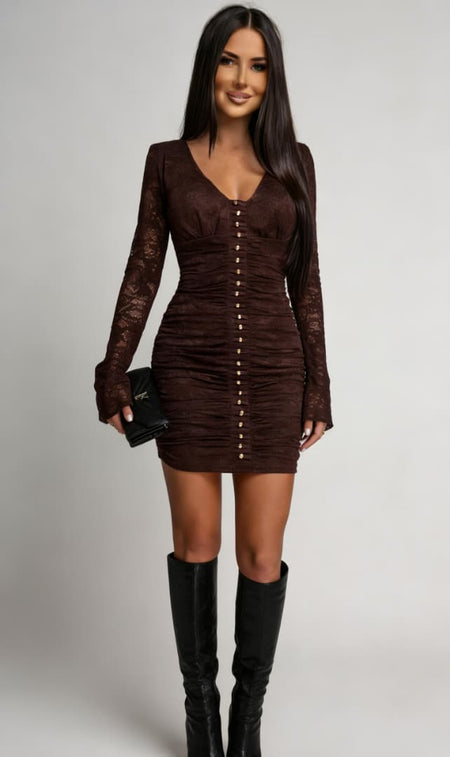 Alessio Mini Lace Dress - full-length front shot, dark brown - Miss Mosa By Akanksha