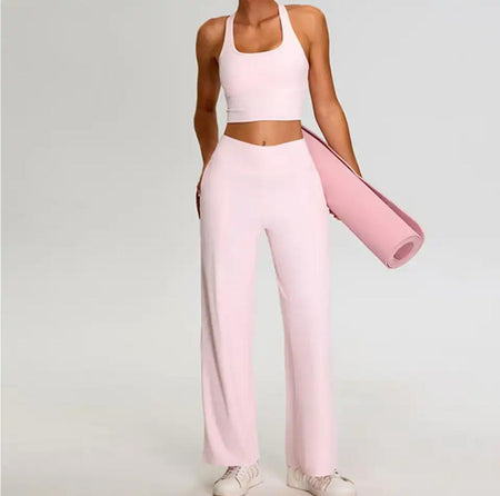 Alex Activewear Set In Pink - full-length front shot on model holding a yoga mat - Miss Mosa By Akanksha
