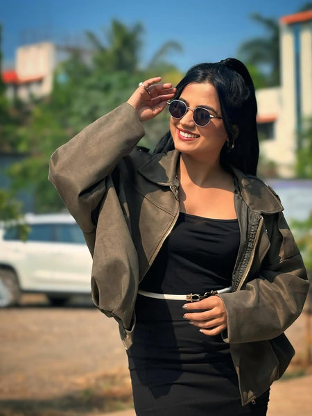Alex Premium Oversized Woolen Jacket - front shot on model, olive green - Miss Mosa By Akanksha