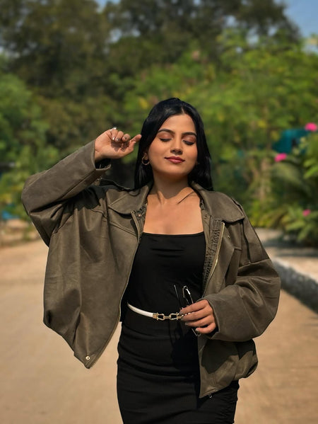Alex Premium Oversized Woolen Jacket - front shot on model, olive green - Miss Mosa By Akanksha