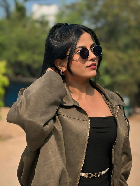 Alex Premium Oversized Woolen Jacket - front shot on model, olive green - Miss Mosa By Akanksha