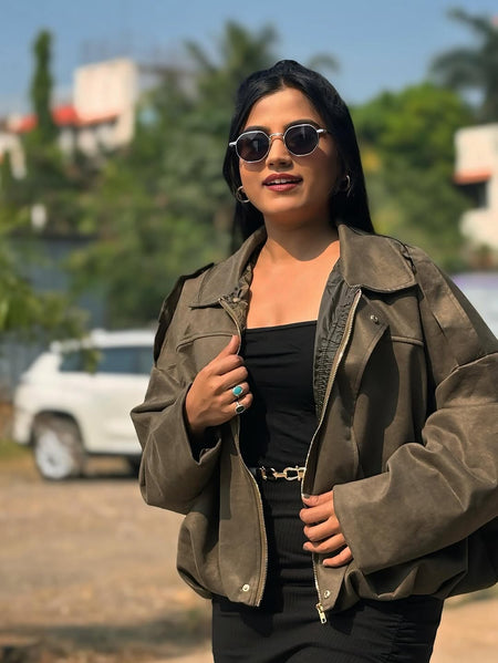 Alex Premium Oversized Woolen Jacket - front shot on model, olive green - Miss Mosa By Akanksha