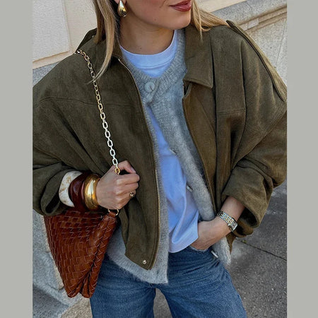 Alex Premium Oversized Woolen Jacket - front shot on model, olive green - Miss Mosa By Akanksha