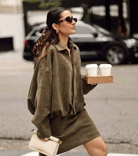 Alex Premium Oversized Woolen Jacket - front shot on model, olive green - Miss Mosa By Akanksha