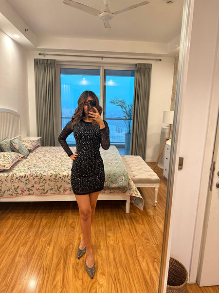 Alexandra Embellished Luxe Collection Mini Dress - Swipe for video - front shot on model, black - Miss Mosa By Akanksha