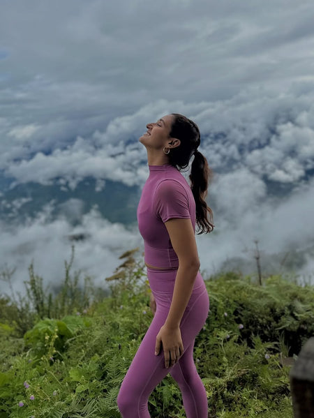 Alexis Activewear Set - side shot on model outdoors, purple - Miss Mosa By Akanksha