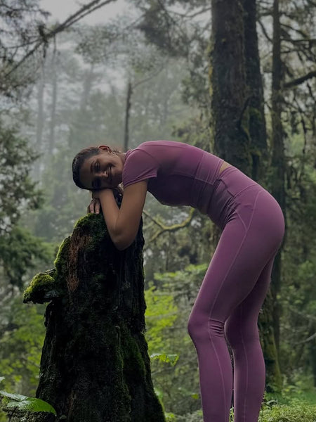Alexis Activewear Set - styling shot on model outdoors, purple - Miss Mosa By Akanksha