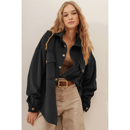 Alfie Oversized Corduroy Shirt - front shot on model, black - Miss Mosa By Akanksha