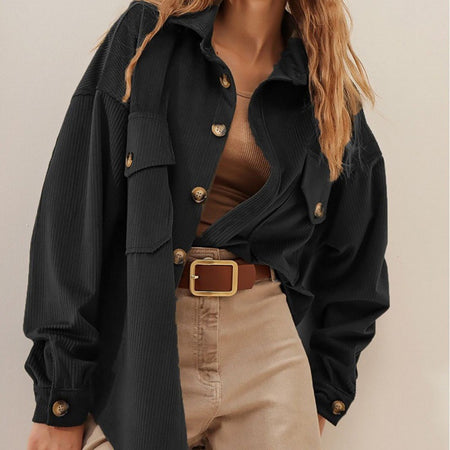Alfie Oversized Corduroy Shirt - front shot on model, black - Miss Mosa By Akanksha