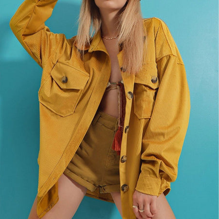 Alfie Oversized Corduroy Shirt - front shot on model, mustard yellow - Miss Mosa By Akanksha