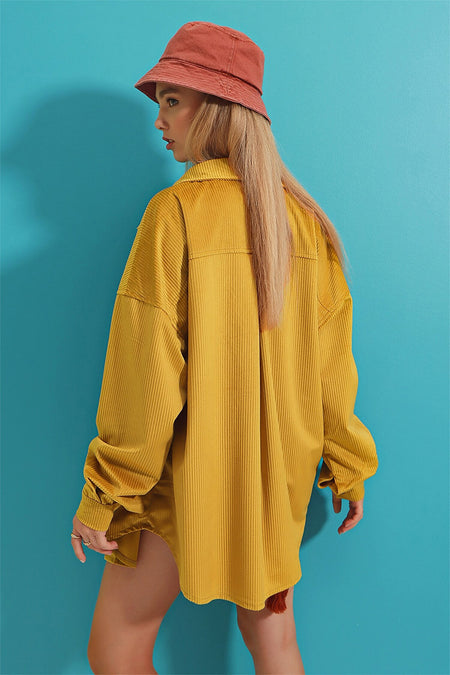 Alfie Oversized Corduroy Shirt - back shot on model, mustard yellow - Miss Mosa By Akanksha