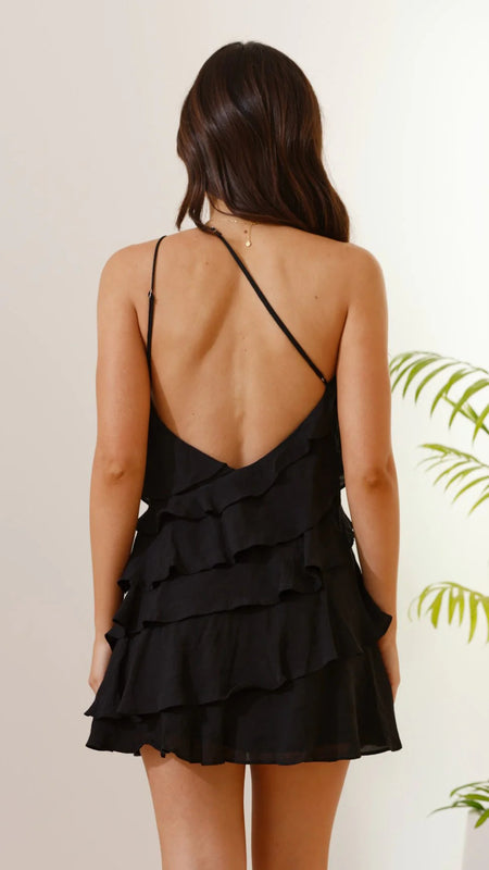 Alice Ruffle Backless Mini Dress - back shot, black - Miss Mosa By Akanksha